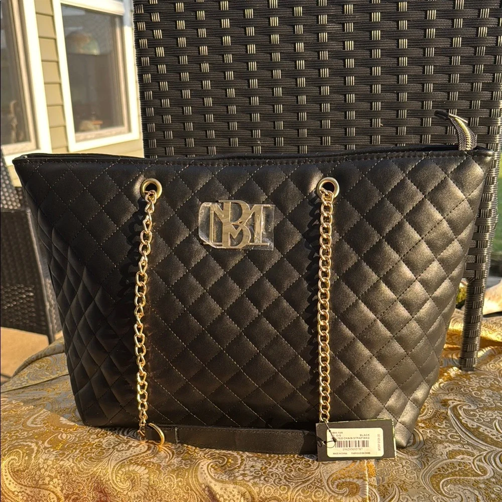 Badgley Mischka Black Quilted Tote Bag with Gold Chain by - Picture 1 of 6